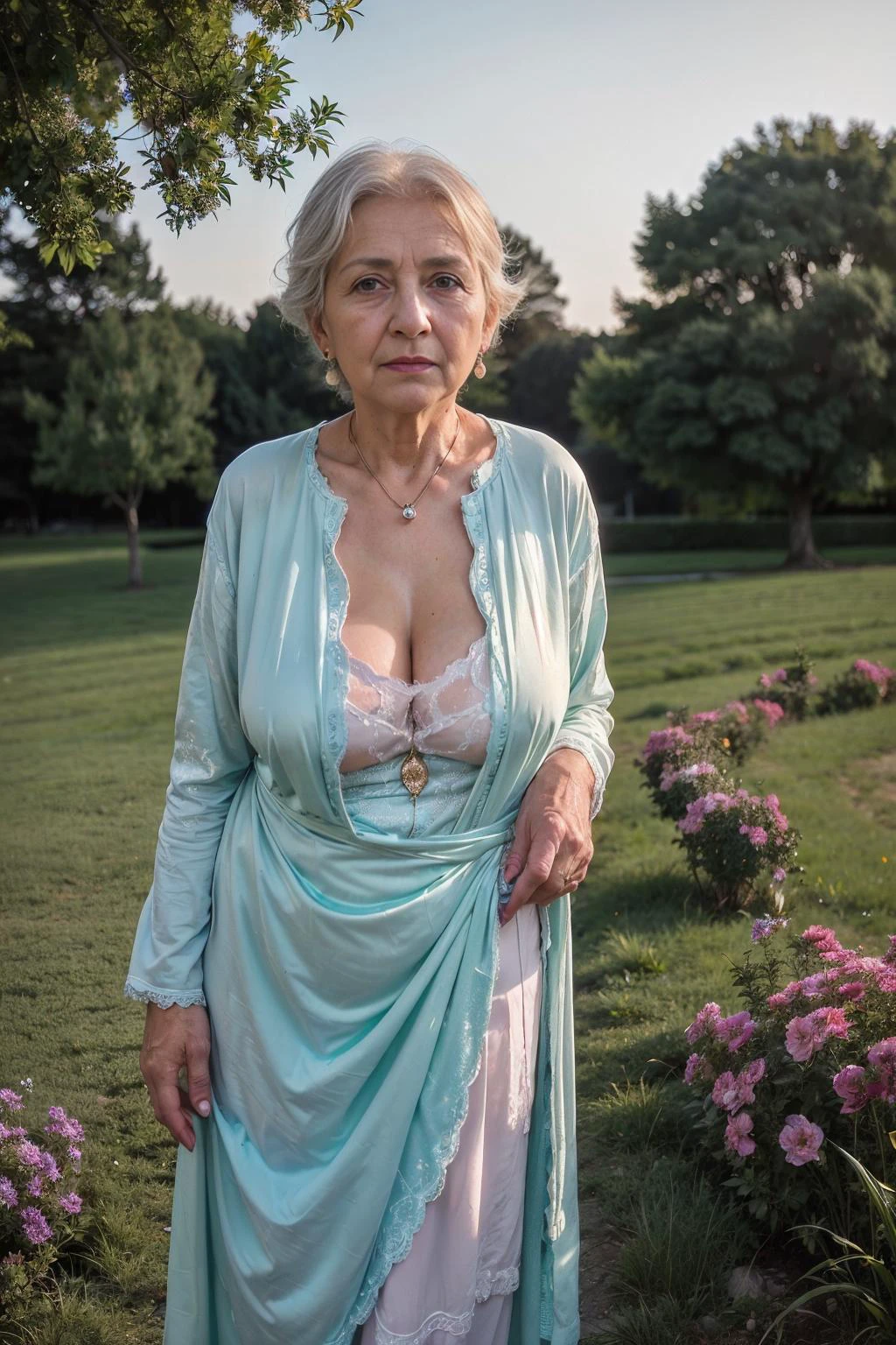 (bright face:1.3), (bright body:1.3), color close-up photography of (Turkish:1.3), (elderly woman:1.3), (very old lady:1.3), (solo:1.3), (sexy attire:1.3), Torptits, cleavage, (looking at viewer:1.3), (eye contact:1.3), standing on green field, in golden hour, flat lighting, (soft saturation:1.2), analog style, <lora:Torptits_LORAV10_2:0.75>