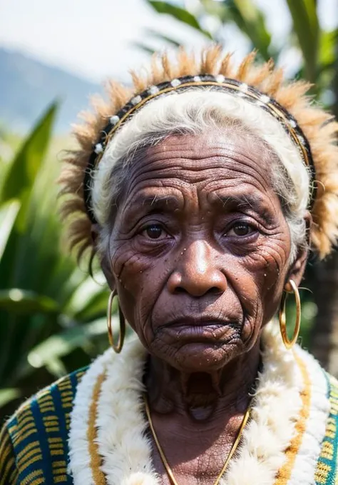 (close-up:1.2) photography of (Papua New Guinean :1.3) (very old woman, elderly woman:1.3), standing, (wearing clothed:1.3), full body, skin imperfections, (clear eyes:1.2), (closed mouth:1.3), (looking at viewer:1.3), in golden hour, flat lighting, (soft saturation:1.2), analog style,