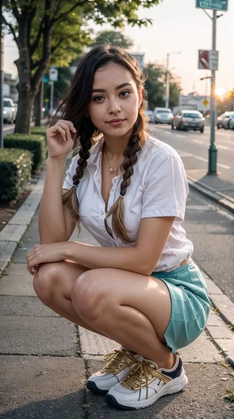 (close-up:1.2) photography of (British  busty petite:1.3), (30 years old:1.2), long braids hair, (looking at viewer:1.2), squatting, sunset,golden hour}, wearing (pastel short silk skirt:1.2), on footpath, happy, flat lighting, (soft saturation:1.2), analog style,<lora:add_sharpness:0.5>, <lora:photoblend:0.4>, <lora:epiNoiseoffset_v2Pynoise:0.5>,