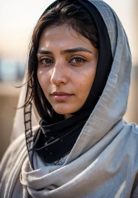 (close-up:1.2) photography of (Afghan :1.3) (midlife woman, 40 years old :1.3), standing, (wearing clothed:1.3), full body, skin imperfections, (clear eyes:1.2), (closed mouth:1.3), (looking at viewer:1.3), in golden hour, flat lighting, (soft saturation:1.2), analog style,