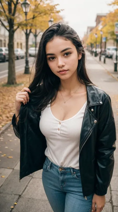 (close-up:1.2) color photography of (Antiguan  woman:1.3), 18 years old, (large breast:1.2), (looking at viewer:1.2), (solo:1.3), standing, pov from above:1.3, wearing jacket, in town promenade, autumn, flat lighting, (soft saturation:1.2), analog style,<lora:add_sharpness:0.3>, <lora:photoblend:0.4>, <lora:epiNoiseoffset_v2Pynoise:0.4>,