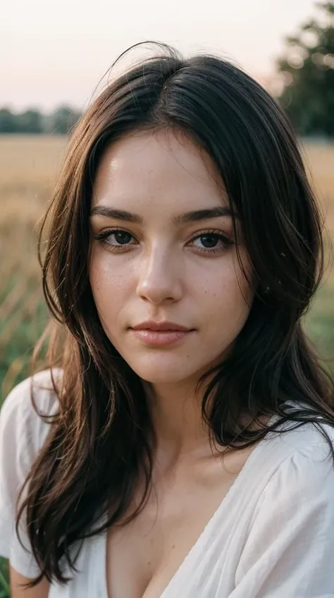 (close-up:1.3) portrait photography of (woman:1.3) face, (solo:1.3), (looking at viewer:1.3), (eye contact:1.3), standing on grass field, front to viewer, cleavage, in golden hour, dusk, flat lighting, (soft saturation:1.2), analog style,<lora:add_sharpness:0.6> <lora:photoblend:0.5> <lora:epiNoiseoffset_v2Pynoise:0.4>