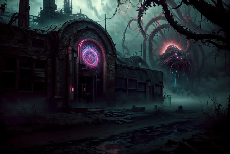 purple neon sign on the brick wall, (masterpiece:1), (photorealistic:1), (best quality), (realistic:1), (intricate details), High quality texture, dark style, purple fog, eldritchtech, details + intricate detail + professional lighting, <lora:CosmicEldritchTech-20:1>