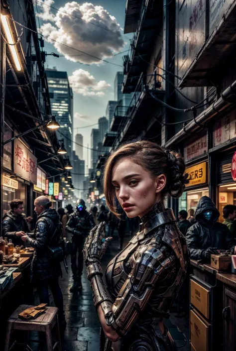 A cyberpunk natpor, navigating a flea market of obsolete technologies, in a world dominated by hypermodernity,atompunkstylesd15, <lora:difConsistency_detail:0.5>, <lora:NataliePortmanV2Dogu:1> <lora:Futuristicbotv.2:1> <lora:epiCRealLife:1> <lora:epiCRealismHelper:1> <lora:CyberpunkWorld:0.5>