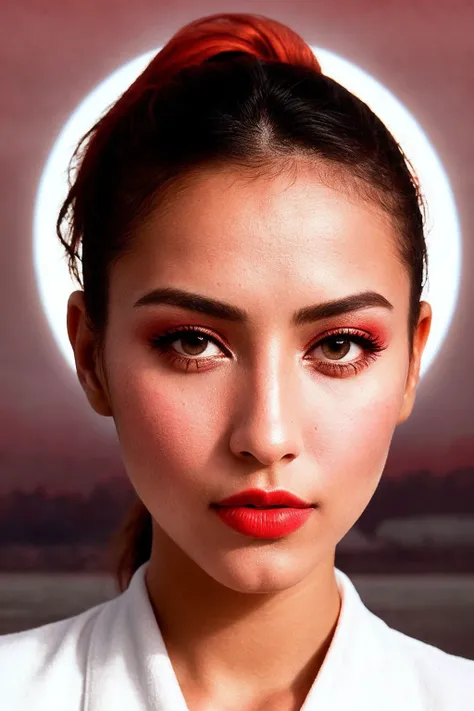 an eye contact of a Moroccan woman, sorry, setting powder, Thorough, graphic eyeliner, velvet lipstick, golden ratio, Mole or beauty mark, Rounded face, High ponytail hair cut, salmon skin color, cinematic lighting, (infrared filter:1.4)