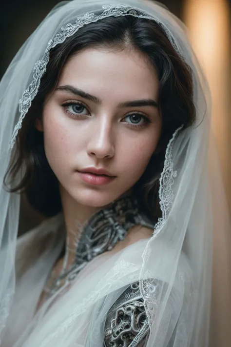 RAW photo of An enigmatic close-up photograph capturing the ethereal beauty of a mysterious woman with intricate biomechanical details on her anatomical face, (high detailed skin:1.2), 8k uhd, dslr, soft lighting, high quality, film grain, Fujifilm XT3