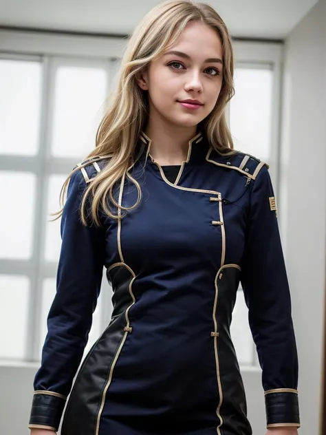picture of petite18 yo (v4lkyr4e:0.99) as a girlfriend, (extremely detailed CG unity 8k wallpaper), (realistic: 1.3), masterpiece, best quality, clear face, front light, High Detail, Sharp focus, dramatic, (detailed pupils:1.3), ((medium full shot:1.5)), (eyeliner), ((cateye makeup)), (sexy body), <lora:MyBreastHelperRS:1>, (flat chest:1.0), (side view:0.5), (looking at viewer:1.2),
wearing (blue allianceuniform), short alliance dress, futuristic space station interior, cute face, <lora:allianceuniform:0.5>,
(((light blonde hair))), long hair, wavy hair, (blueeyes), detailed pupils, (shy face), proud and haughty, smilng eyes, narrowed eyes, in love, head tilted to the side, cozy smile, relaxed pose,