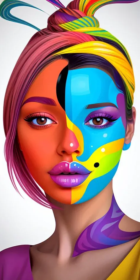 A women taking a selfie, a woman's face with a colorful pattern on it's face and neck, with a white background, Art & Language, colorful flat surreal design, vector art, <lora:BimbolipsV3-000004:0.5>