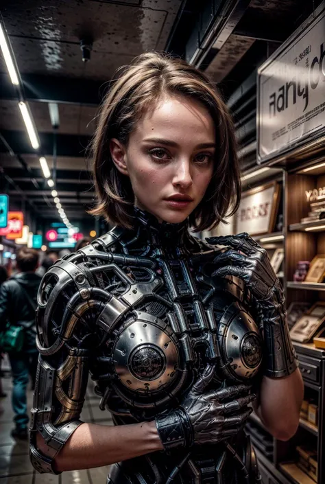 A photo of natpor, navigating a flea market of obsolete technologies, in a world dominated by hypermodernity, <lora:difConsistency_detail:0.5>, <lora:NataliePortmanV2Dogu:1> <lora:Futuristicbotv.2:1> <lora:epiCRealLife:1> <lora:epiCRealismHelper:1> <lora:CyberpunkWorld:0.5>