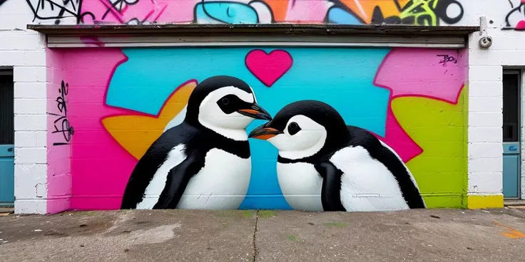 graffiti style cinematic film still Street art, couple penguins kissing, big heart art, wall, big city, graffiti . shallow depth of field, vignette, highly detailed, high budget, bokeh, cinemascope, moody, epic, gorgeous, film grain, grainy . street art, vibrant, urban, detailed, tag, mural
