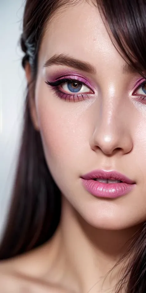 a photorealistic potrait, close-up, hyperrealism, pink eye shadow, rounded eyes, a stock photo, deepth, gaussian blur,