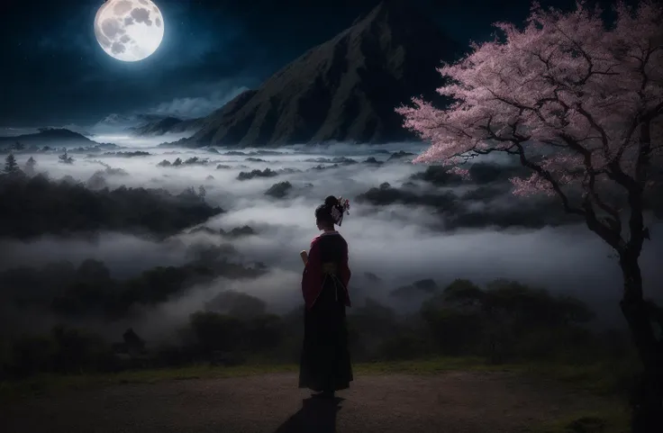 ((full body shot)), (silhouette of a geisha), a japanese forest, cherry blossom trees, (fog:1.1), night, moonlight, cinematic, volumetric lighting