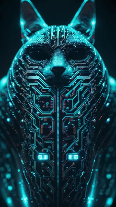 (close-up:1.2) (macro:1.1) photography of futuristic cat figure, Abstract neon light, glowing, (CircuitBoardAI:1.3) <lora:CircuitBoardAI:0.7>, <lora:lora_NeonNight:1>