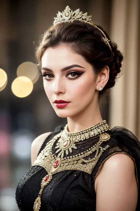 an eye contact of a Maltese woman, stupid, foundation, Sumptuous, smokey eyeliner, metallic lipstick, rule of thirds, Long eyelashes, Deep-set eyes, Beehive updo hair cut, pale skin color, bounced lighting, bokeh