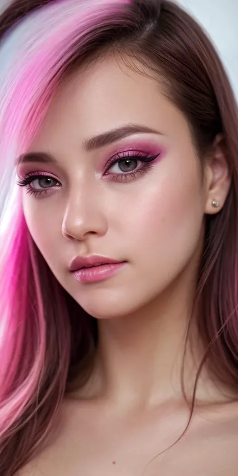 a photorealistic potrait, close-up, pink eye shadow, rounded eyes, a stock photo, deepth, gaussian blur,