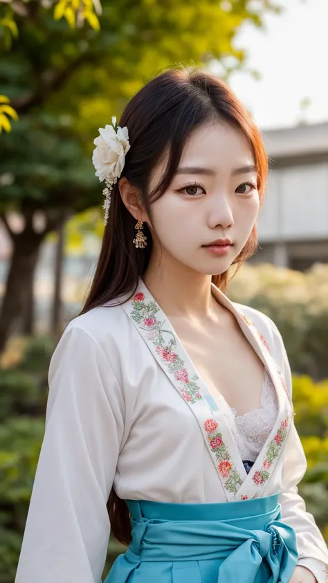 Raw photo of a (South Korean Woman:1.2), detailed Hanbok, cleavage, (medium shot:1.5), looking at viewer, detailed face, sharp focus, Best quality, 8k, ultra realistic, Masterpiece, Zeiss lens, garden, morning light,