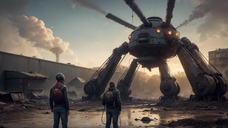 (style of Simon Stalenhag:1.3), painting of (huge large:1.3) (metal:1.3) spider, in apocalypse, realistic, COVER ART, <lora:add_sharpness:0.6>,