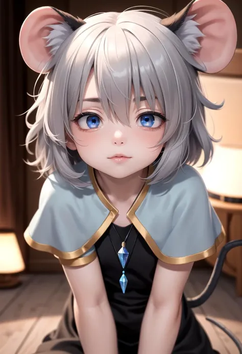 (masterpiece:1.2), best quality, high resolution, unity 8k wallpaper, (illustration:0.8), (beautiful detailed eyes:1.6), extremely detailed face, perfect lighting, extremely detailed CG, (perfect anatomy), <lora:nazrin:0.8> nazrin, 1girl,animal ears, grey hair,short hair,red eyes,pendant, capelet,mouse tail,black dress,, dowsing rod