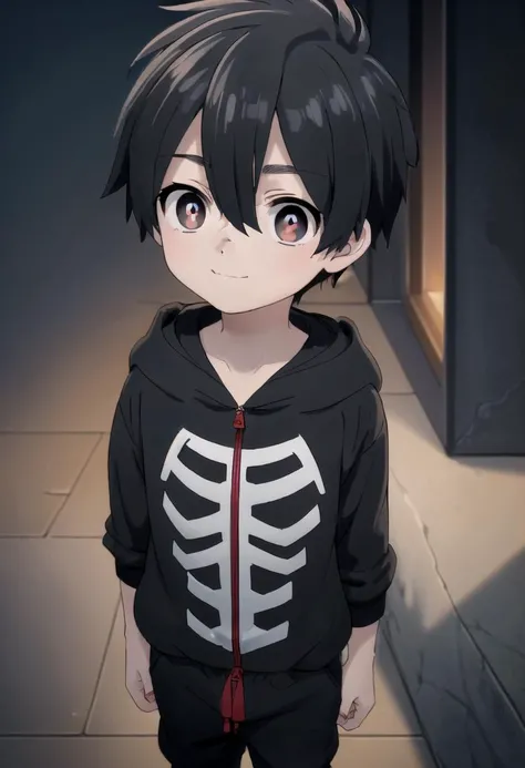 <lora:kabanesd:0.6> 1boy named kabane_kusaka, black hair, standing alone in a city, his pupils are white his corona is red, he has a smirk on his face, (black onesie:1.2) with (skeleton pattern:1.2), draw it in the style of Kemono Jihen, hood down black short pants,
details sky, looking at viewer, blush, full shot, GS-Boyish,
(masterpiece:1.2), best quality, high resolution, unity 8k wallpaper, (illustration:0.8), (beautiful detailed eyes:1.6), extremely detailed face, perfect lighting, extremely detailed CG, (perfect anatomy),