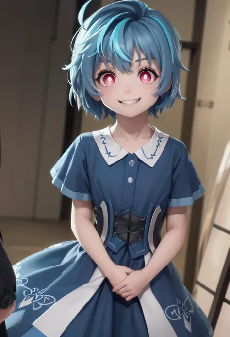 <lora:kohina hiruko s1-lora-nochekaiser:0.8>
kohina hiruko, kohinahiruko,
looking at viewer, (cowboy shot:1.4), (head tilted to the side:1.3),
streaked hair, blue hair, short hair, (red eyes:1.3), (bright pupils:1.5), sparkling eyes, energetic eyes, more details in eyes,
dress, blue dress, short sleeves, frills, white pantyhose,
smile, evil grin,
outdoors, village,
(masterpiece:1.2), best quality, high resolution, unity 8k wallpaper, (illustration:0.8), (beautiful detailed eyes:1.6), extremely detailed face, perfect lighting, extremely detailed CG, (perfect anatomy),
The soft lighting and detailed surroundings create an immersive environment where imagination runs wild hyper-detailed, hyper-detailed face, high quality visuals, dim Lighting, sharply focused, octane render, 8k UHD