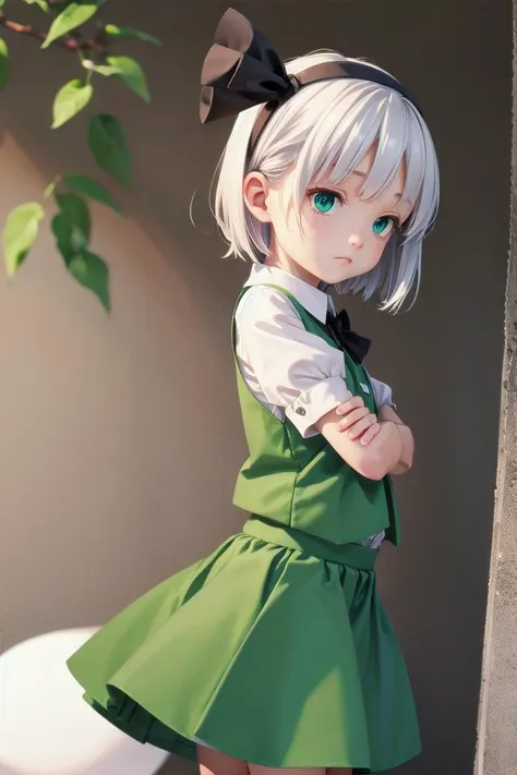 <lora:youmu-mver:1> 1girl, white hair,short hair,hair ribbon,hairband, green eyes,bow,white shirt,green vest,green skirt, || konpaku youmu (ghost)