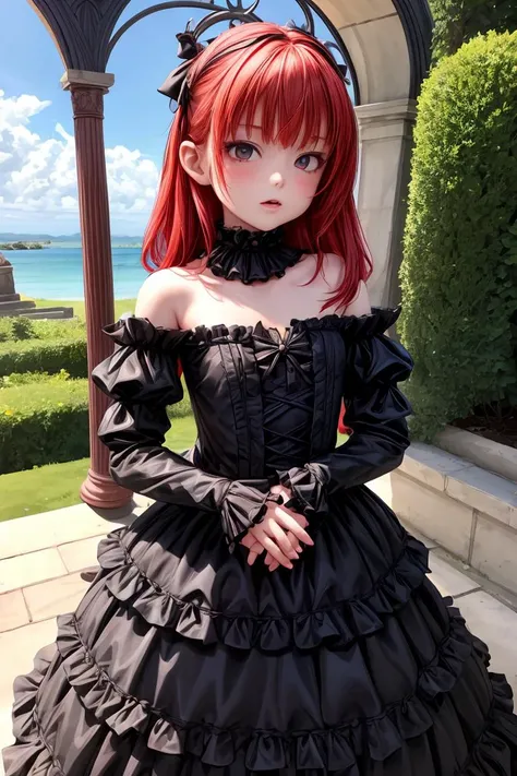 (masterpiece, best quality), 1girl, red hair, medium chest, gothic frill dress, pervert face, <lora:add_detail:1>