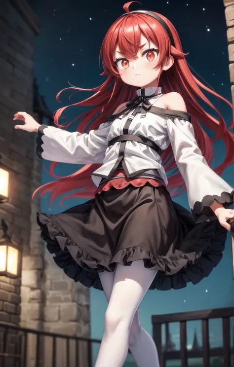 1 girl,cute,(looking at viewer:1.0), adorabel girl,cute face,details sky,handsome,young,juvenile,((masterpiece:1.4,best quality)),multiple details,eyeshadow,sfw, (medium shot:1.5),
gradiant eyes, hazel eyes, (long black lycra pantyhose:1)
lora:add_detail:0.8>, <lora:more_details:0.6>, medival city, (night:1.2), detailed nightsky,
<lora:眼睛双_2:0.4>, <lora:eris:0.8>,
erisc, 1girl,red hair,long hair,hairband,ahoge,(red eyes:1.2),white shirt,bare shoulders, long sleeves,black skirt, frilled skirt,white pantyhose,