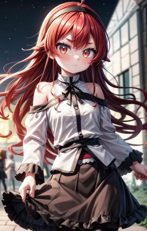 1 girl,cute,(looking at viewer:1.0), adorabel girl,cute face,details sky,handsome,young,juvenile,((masterpiece:1.4,best quality)),multiple details,eyeshadow,sfw, (medium  shot:1.5),
gradiant  eyes, hazel eyes, (long black lycra pantyhose:1)
lora:add_detail:0.8>,  <lora:more_details:0.6>,  medival city, (night:1.2),  detailed nightsky,
<lora:眼睛双_2:0.4>,    <lora:eris:0.8>,
erisc, 1girl,red hair,long hair,hairband,ahoge,(red eyes:1.2),white shirt,bare shoulders, long sleeves,black skirt, frilled skirt,white pantyhose,