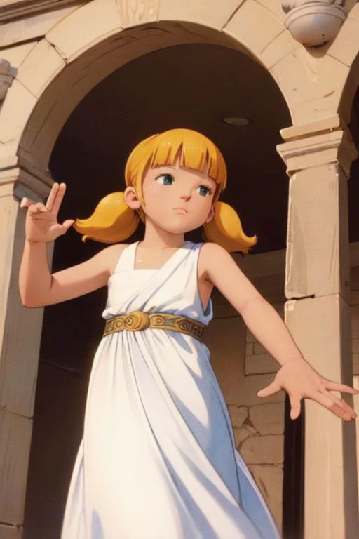 masterpiece, nice hands, best quality, 1girl, penny, blonde hair, twintails, blunt bangs, flat chest, <lora:Penny:1>, from below, ancient greek clothes