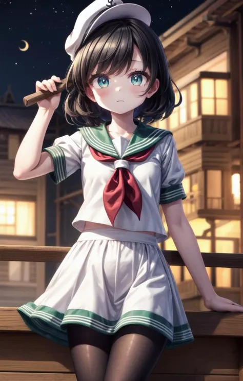 1 girl,cute,(looking at viewer:1.0), adorabel girl,cute face,details sky,handsome,young,juvenile,((masterpiece:1.4,best quality)),multiple details,eyeshadow,sfw, (medium shot:1.5),
gradiant eyes, hazel eyes, (long black lycra pantyhose:1)
lora:add_detail:0.8>, <lora:more_details:0.6>, medival city, (night:1.2), detailed nightsky,
<lora:眼睛双_2:0.4>, <lora:MinamitsuMurasa:1>,
1girl,hat,sailor,gren eyes,short hair,black hair,sailor collar,white shirt,white skirt, murasa minamitsu, hishaku