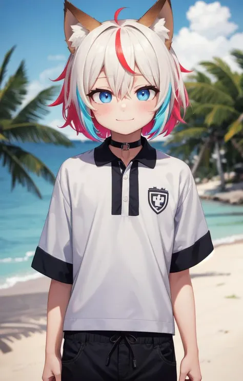 beach, smile, animal ears, multicolored hair,1 boy, male face, male body, more details in eyes, very short hair, hair between eyes, cute, adorable boy, cute face, detailed face, handsome, young, juvenile, colorful hair, white skin, colorful eyes, multicolored eyes, eyeshadow, crew cut, choker, (muscular:0.4), sand, full shot
details sky, ((masterpiece:1.4,best quality)), multiple details, looking at viewer, blush, blue eyes, polo shirt,
(pants:1.5), (shirt:1.5),