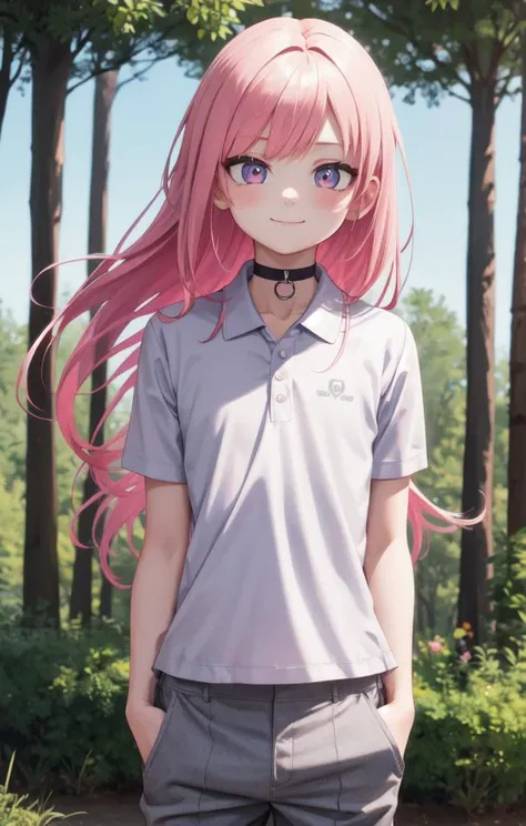 (forest:1.4), smile, multicolored hair,1 boy, male body, male face, more details in eyes, long hair, detailed hair, cute, adorable boy, cute face, detailed face, handsome, young, juvenile, colorful hair, white skin, colorful eyes, multicolored eyes, eyeshadow, choker,
details sky, ((masterpiece:1.4,best quality)), multiple details, looking at viewer, blush,
(pants:1.5), (polo shirt:1.5),
