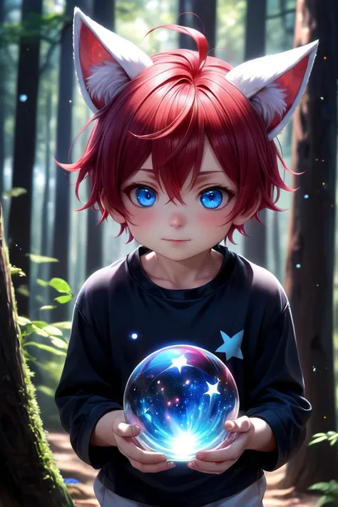 1boy, aki, crimson hair, crimson animal ears, masterpiece, ultra detail, forest, blue eyes, (cute shirt:1.3)
 <lora:glass_orb_sdxl_01:0.7>, glass orb,galaxy
