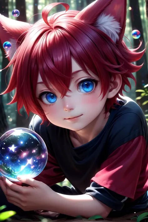 1boy, aki, crimson hair, crimson animal ears, masterpiece, ultra detail, forest, blue eyes, (cute shirt:1.3)
<lora:glass_orb_sdxl_01:0.7>, glass orb,galaxy