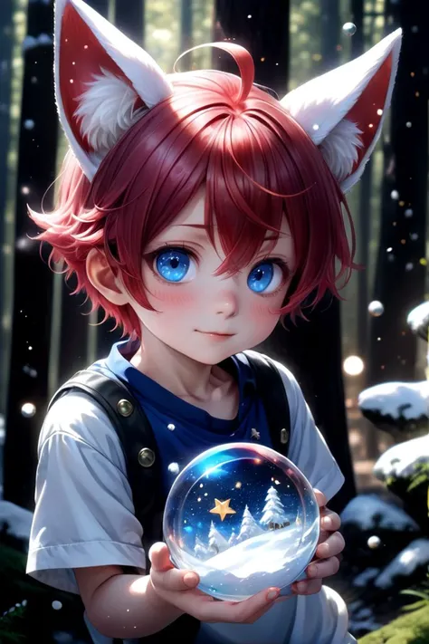 1boy, aki, crimson hair, crimson animal ears, masterpiece, ultra detail, forest, blue eyes, (cute shirt:1.3)
<lora:glass_orb_sdxl_01:1>, glass orb,snow ,stars