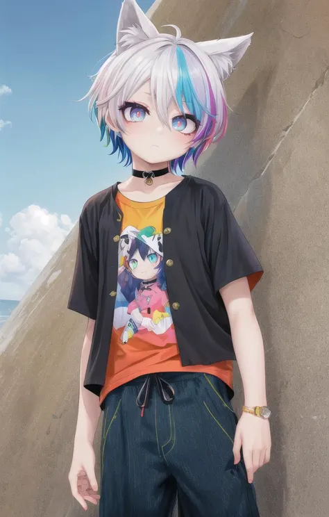 beach,animal ears,multicolored hair,1 boy,more details in eyes,very short hair,hair between eyes,cute,looking at viewer,(long pants:1.5), (shirt:1.5), adorabel boy,cute face,details sky,handsome,young,juvenile,((masterpiece:1.4,best quality)),multiple details,colorful hair,white skin,colorful eyes,multicolored eyes,eyeshadow, crew cut, choker, sfw, naval not visible