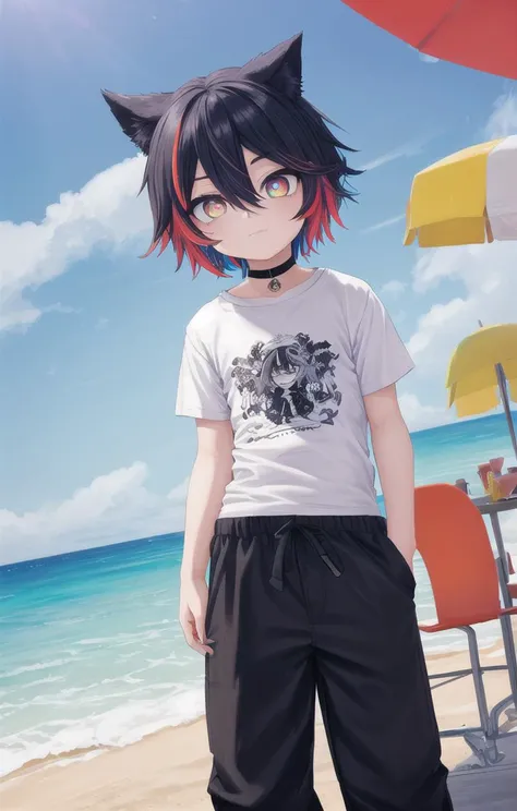 beach,animal ears,multicolored hair,1 boy,more details in eyes,very short hair,hair between eyes,cute,looking at viewer,(long pants:1.5), (shirt:1.5), adorabel boy,cute face,details sky,handsome,young,juvenile,((masterpiece:1.4,best quality)),multiple details,colorful hair,white skin,colorful eyes,multicolored eyes,eyeshadow, crew cut, choker, sfw, naval not visible