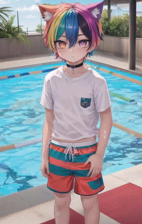 beach,animal ears,multicolored hair,1 boy,more details in eyes,very short hair,hair between eyes,cute,looking at viewer,(long pants:1.5), (shirt:1.5), adorabel boy,cute face,details sky,handsome,young,juvenile,((masterpiece:1.4,best quality)),multiple details,colorful hair,white skin,colorful eyes,multicolored eyes,eyeshadow, crew cut, choker, sfw, naval not visible
