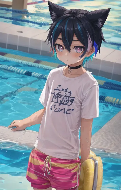 beach,animal ears,multicolored hair,1 boy,more details in eyes,very short hair,hair between eyes,cute,looking at viewer,(long pants:1.5), (shirt:1.5), adorabel boy,cute face,details sky,handsome,young,juvenile,((masterpiece:1.4,best quality)),multiple details,colorful hair,white skin,colorful eyes,multicolored eyes,eyeshadow, crew cut, choker, sfw, naval not visible