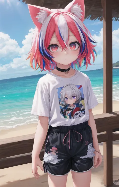 beach,animal ears,multicolored hair,1 boy,more details in eyes,very short hair,hair between eyes,cute,looking at viewer,(shorts:1.5), (shirt:1.5), adorabel boy,cute face,details sky,handsome,young,juvenile,((masterpiece:1.4,best quality)),multiple details,colorful hair,white skin,colorful eyes,multicolored eyes,eyeshadow, crew cut, choker, sfw, naval not visible