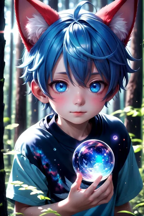 1boy, aki, crimson hair, crimson animal ears, masterpiece, ultra detail, forest, blue eyes, (cute shirt:1.3)
<lora:glass_orb_sdxl_01:0.7>, glass orb,galaxy