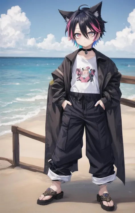 beach,animal ears,multicolored hair,1 boy,more details in eyes,very short hair,hair between eyes,cute,looking at viewer,(long pants:1.5), (shirt:1.5), adorabel boy,cute face,details sky,handsome,young,juvenile,((masterpiece:1.4,best quality)),multiple details,colorful hair,white skin,colorful eyes,multicolored eyes,eyeshadow, crew cut, choker, sfw, naval not visible