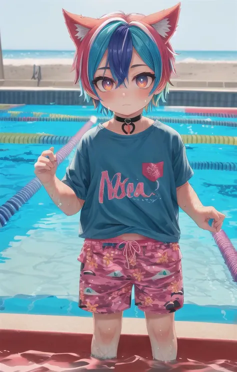 beach,animal ears,multicolored hair,1 boy,more details in eyes,very short hair,hair between eyes,cute,looking at viewer,(long pants:1.5), (shirt:1.5), adorabel boy,cute face,details sky,handsome,young,juvenile,((masterpiece:1.4,best quality)),multiple details,colorful hair,white skin,colorful eyes,multicolored eyes,eyeshadow, crew cut, choker, sfw, naval not visible