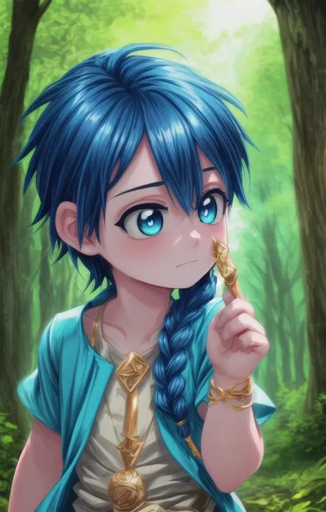 ((masterpiece:1.4, best quality)), (full shot:1.4),
1 boy, (adorabel boy), (cute face:1.2), details, cute, handsome boy, looking_to_the_side
more details in eyes, multiple details, eyeshadow, faint smile, forest, tunic
<lora:aladdin_magi:0.6>, aladdin_magi, blue hair, braid, long hair, blue eyes, jewelry,
<lora:more_details:0.5>, <lora:眼睛双:0.6>