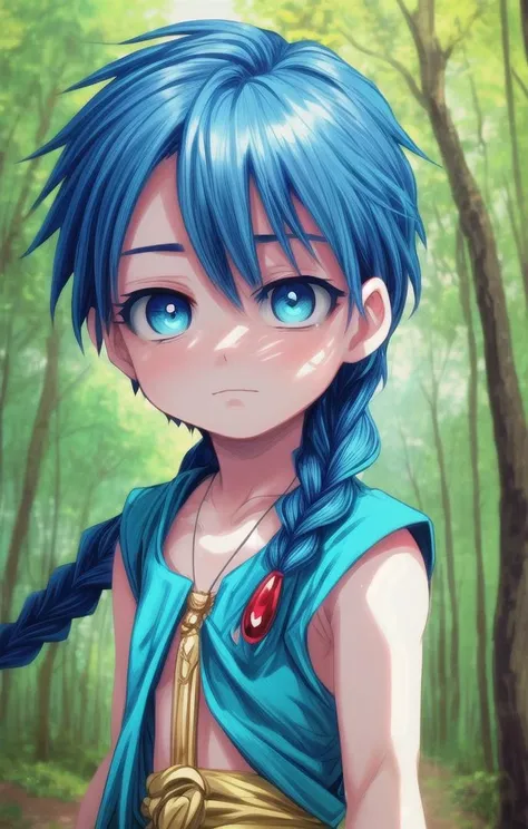 ((masterpiece:1.4, best quality)), (full shot:1.4),
1 boy, (adorabel boy), (cute face:1.2), details, cute, handsome boy, looking_to_the_side
more details in eyes, multiple details, eyeshadow, faint smile, forest, tunic
<lora:aladdin_magi:0.6>, aladdin_magi, blue hair, braid, long hair, blue eyes, jewelry,
<lora:more_details:0.5>,  <lora:眼睛双:0.6>