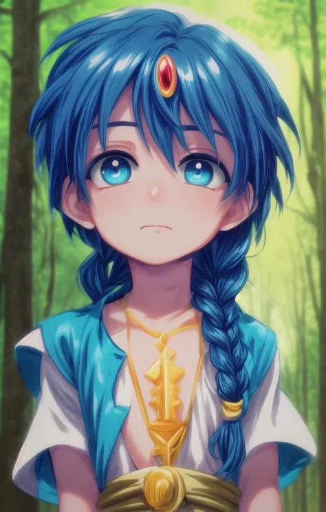 ((masterpiece:1.4, best quality)), (full shot:1.4),
1 boy, (adorabel boy), (cute face:1.2), details, cute, handsome boy, looking_to_the_side
more details in eyes, multiple details, eyeshadow, faint smile, forest, tunic
<lora:aladdin_magi:0.6>, aladdin_magi, blue hair, braid, long hair, blue eyes, jewelry,
<lora:more_details:0.5>,  <lora:眼睛双:0.6>