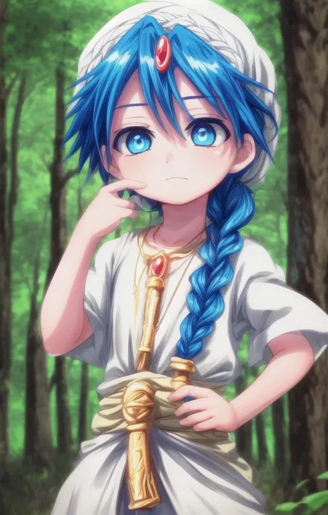 ((masterpiece:1.4, best quality)), (full shot:1.4),
1 boy, (adorabel boy), (cute face:1.2), details, cute, handsome boy, looking_to_the_side
more details in eyes, multiple details, eyeshadow, faint smile, forest, tunic
<lora:aladdin_magi:0.6>, aladdin_magi, blue hair, braid, long hair, blue eyes, jewelry,
<lora:more_details:0.5>, <lora:眼睛双:0.6>