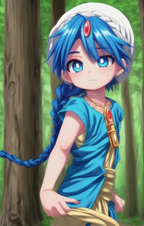 ((masterpiece:1.4, best quality)), (full shot:1.4),
1 boy, (adorabel boy), (cute face:1.2), details, cute, handsome boy, looking_to_the_side
more details in eyes, multiple details, eyeshadow, faint smile, forest, tunic
<lora:aladdin_magi:0.6>, aladdin_magi, blue hair, braid, long hair, blue eyes, jewelry,
<lora:more_details:0.5>,  <lora:眼睛双:0.6>