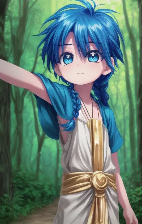 ((masterpiece:1.4, best quality)), (full shot:1.4),
1 boy, (adorabel boy), (cute face:1.2), details, cute, handsome boy, looking_to_the_side
more details in eyes, multiple details, eyeshadow, faint smile, forest, tunic
<lora:aladdin_magi:0.6>, aladdin_magi, blue hair, braid, long hair, blue eyes, jewelry,
<lora:more_details:0.5>, <lora:眼睛双:0.6>
