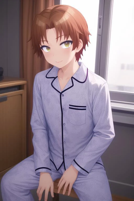 masterpiece, best quality, ultra-detailed, illustration, 1boy, solo, male focus, looking at viewer, , , <lora:tetsuhiko_kai:0.76>, tetsuhiko_kai, , pajamas
